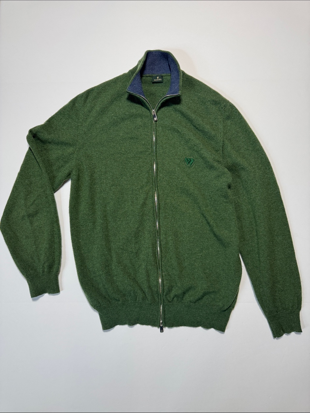 Rolex Wimbledon Vtg Forest Green Full DualZip Cashmere Sweater Made In Italy Xl
